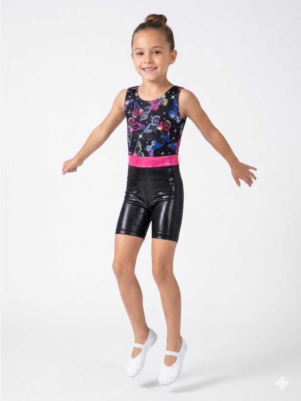 Black Metallic Butterfly Gymnastics Leotard with Pink Waistband